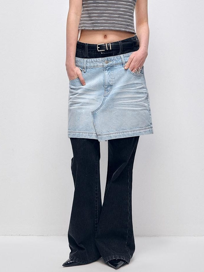 RUN TO THE FUTURE High Stretch Slim Fit Natural Waist Zipper Everyday Blue Black Denim Flare Jeans