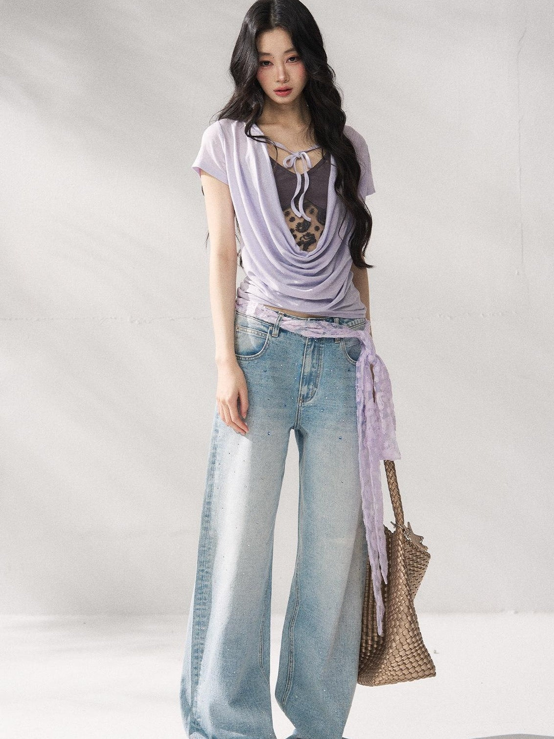 7Shiftin Purple Tie Front Relaxed Crew Neck Short Sleeve Casual Women Basic Crop Tops