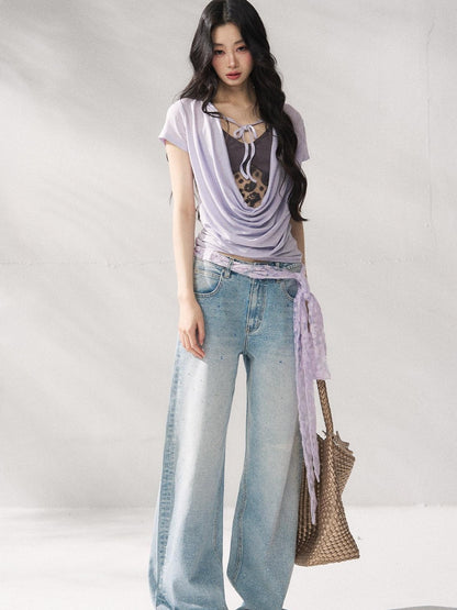 7Shiftin Purple Tie Front Relaxed Crew Neck Short Sleeve Casual Women Basic Crop Tops