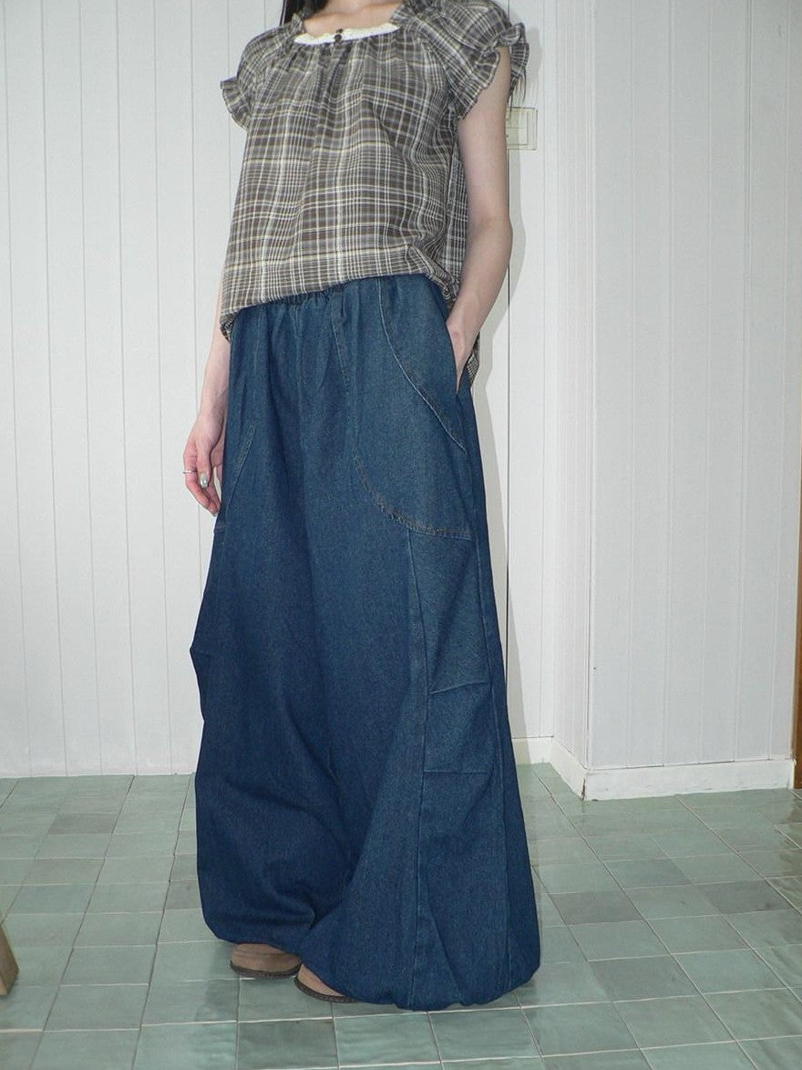ang project Deep Blue Vintage Pleated Elastic Waist Loose Fit Women&