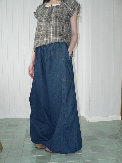 ang project Deep Blue Vintage Pleated Elastic Waist Loose Fit Women&