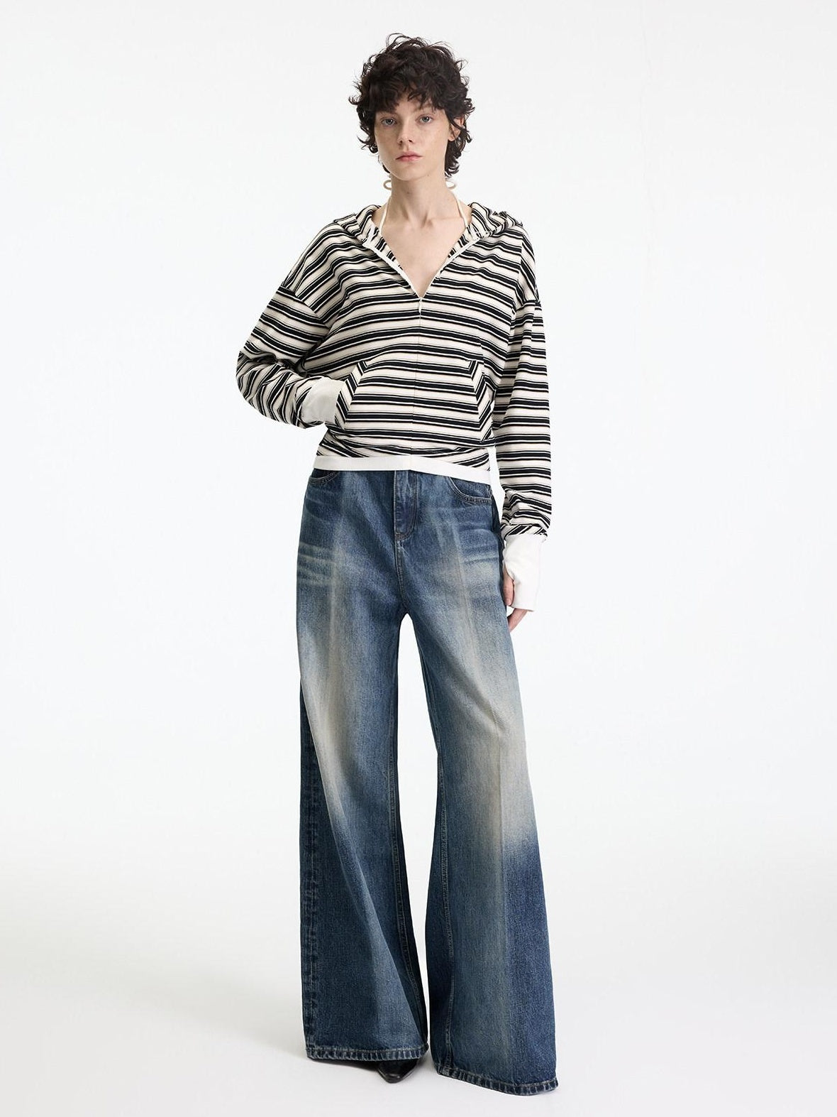 RUN TO THE FUTURE Washed Ice Blue Casual Natural Waist Womens Non Stretch Denim Straight Jeans