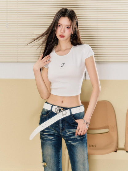 7Shiftin Essential Slim Fit Workwear Round Neck Short Sleeve Solid Tee Basic Crop Tops