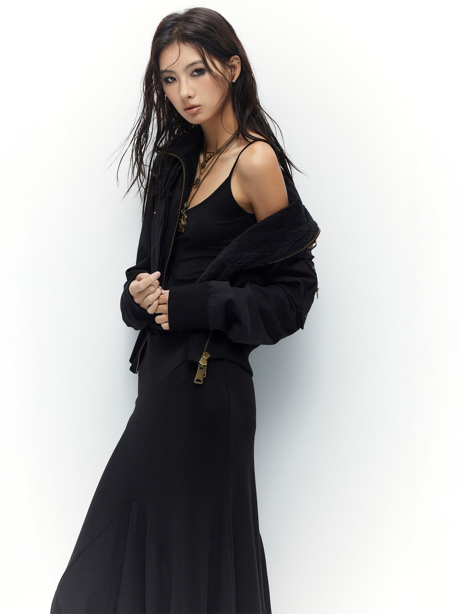 Low pixel Plush Lined Waist Cinch Dark Goth Slim Fit Women Zip High Collar Cropped Jackets