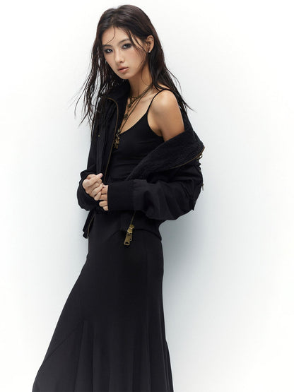 Low pixel Plush Lined Waist Cinch Dark Goth Slim Fit Women Zip High Collar Cropped Jackets