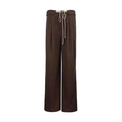 7Shiftin Brown Drawstring Pocket Natural Waist Original Straight Women Wide Leg Pants