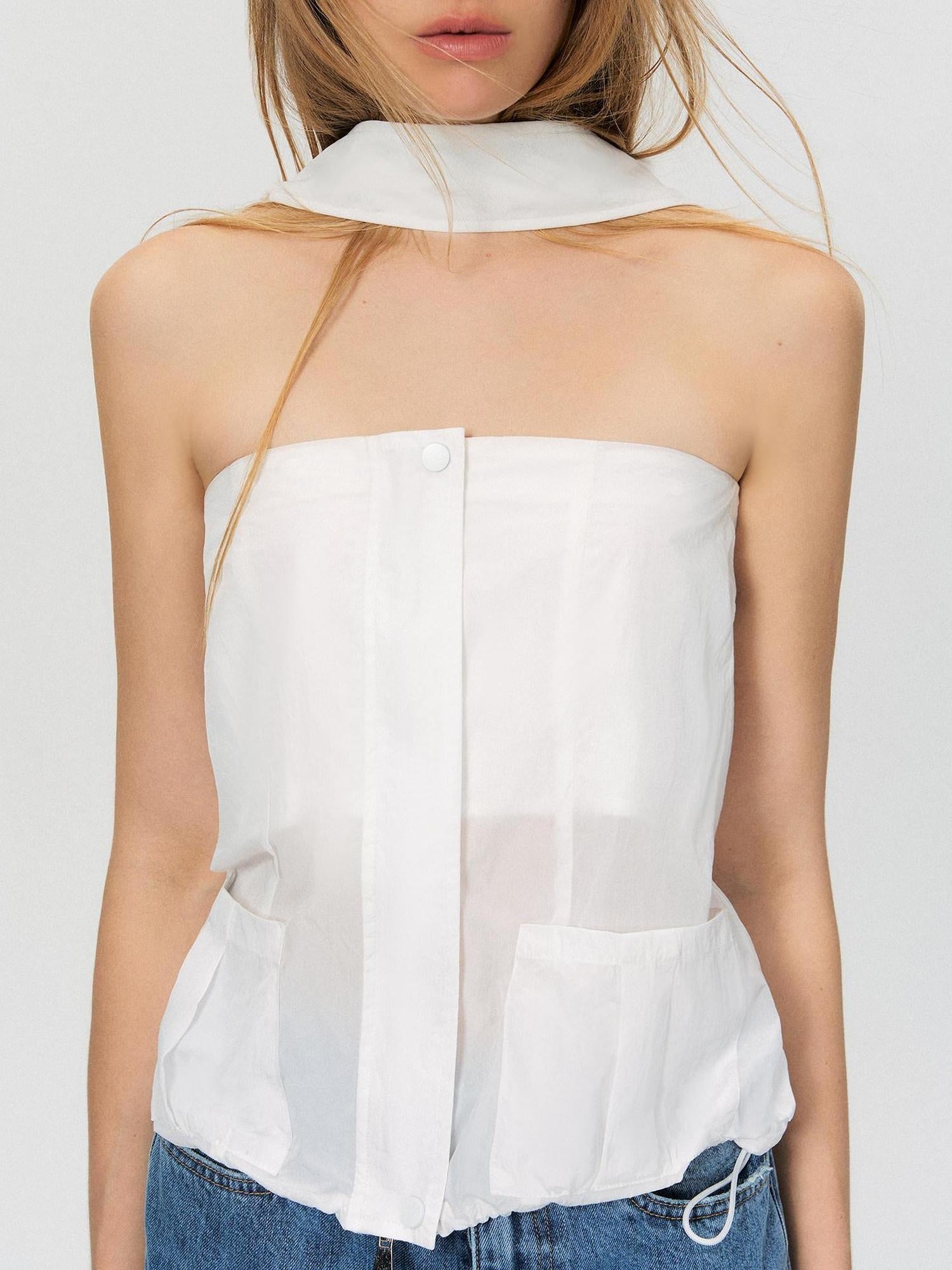 The NeverMore Zipper Front Slim Short Solid White Office Chic Strapless Tube Tops