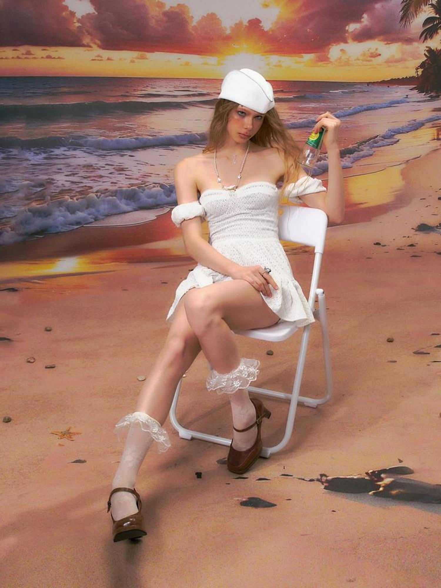 The NeverMore Flattering High Waist Eyelet Bardot A Line Women White Polyester Mini Dresses