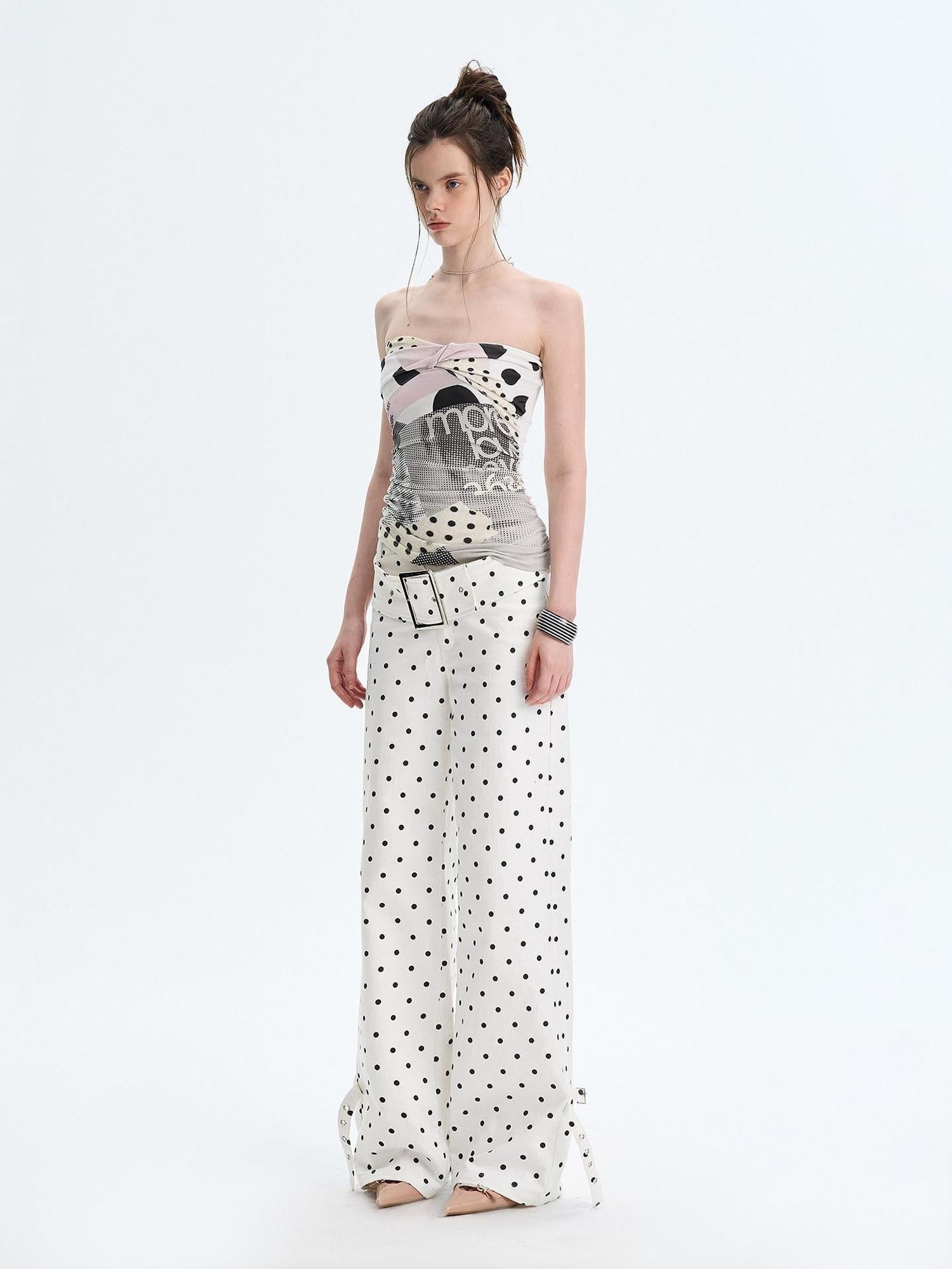 The NeverMore White Polka Dot V Waist Loose Fit Button Fly Women Denim Straight Leg Jeans