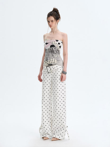 The NeverMore White Polka Dot V Waist Loose Fit Button Fly Women Denim Straight Leg Jeans
