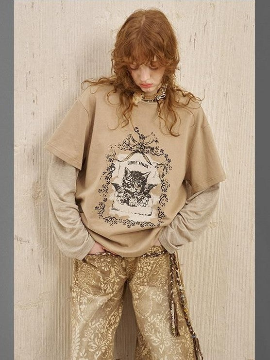 DIDDI MODA Angel Kitten Print Faux Layered Loose Women&
