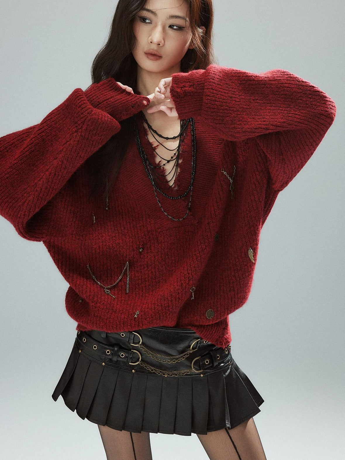 Low pixel Warm Oversized Street Raw Hem Women V-neck Red Pullover Sweaters