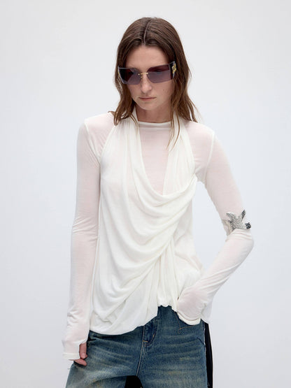 RUN TO THE FUTURE Tencel Wool Blend Pleated Commuter Slim Solid Milk White Long Sleeve T-Shirts