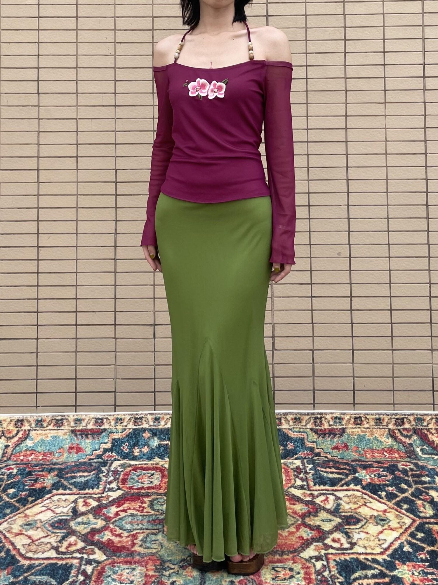 Wet Tail Elastic Mid Waist Chinese Inspired Mermaid Hem Casual Women Maxi Skirts