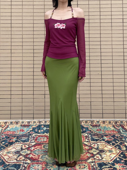 Wet Tail Elastic Mid Waist Chinese Inspired Mermaid Hem Casual Women Maxi Skirts
