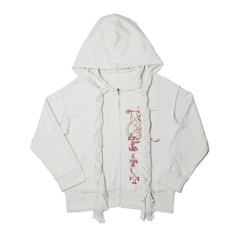 nit alcove Distressed Patch Fringe Loose Fit Lycra Cotton Unisex Vintage Zip Letter Hoodie