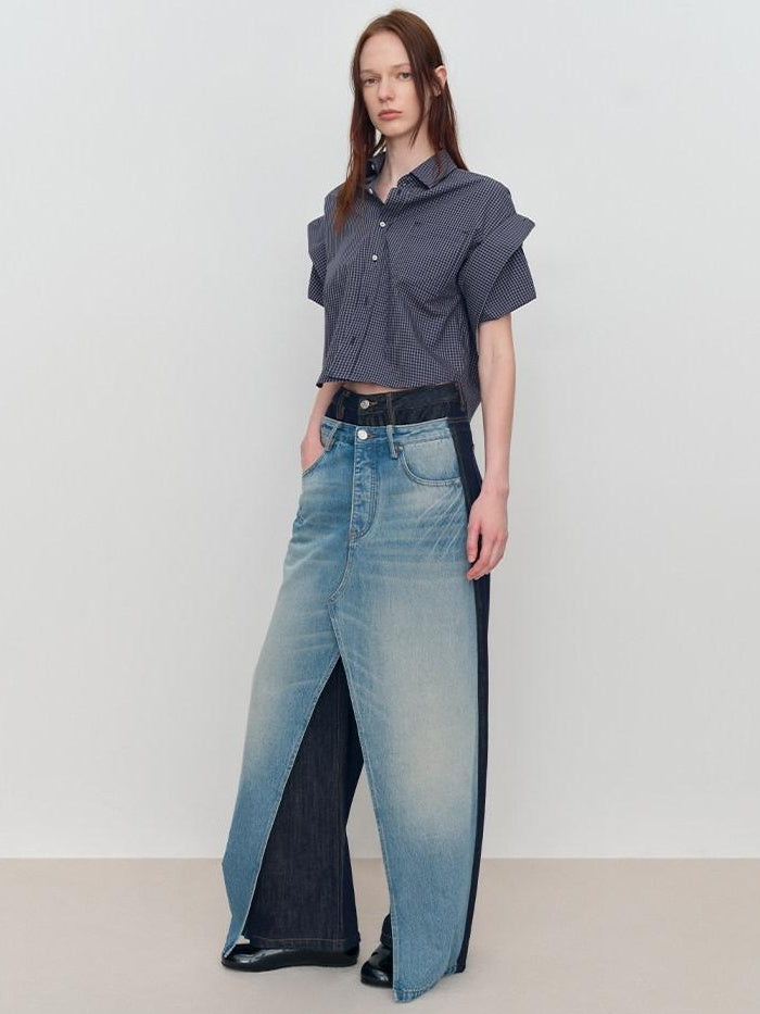 RUN TO THE FUTURE Durable Washed Denim Casual Loose Natural Waist Zipper Fly Blue Wide-Leg Jeans