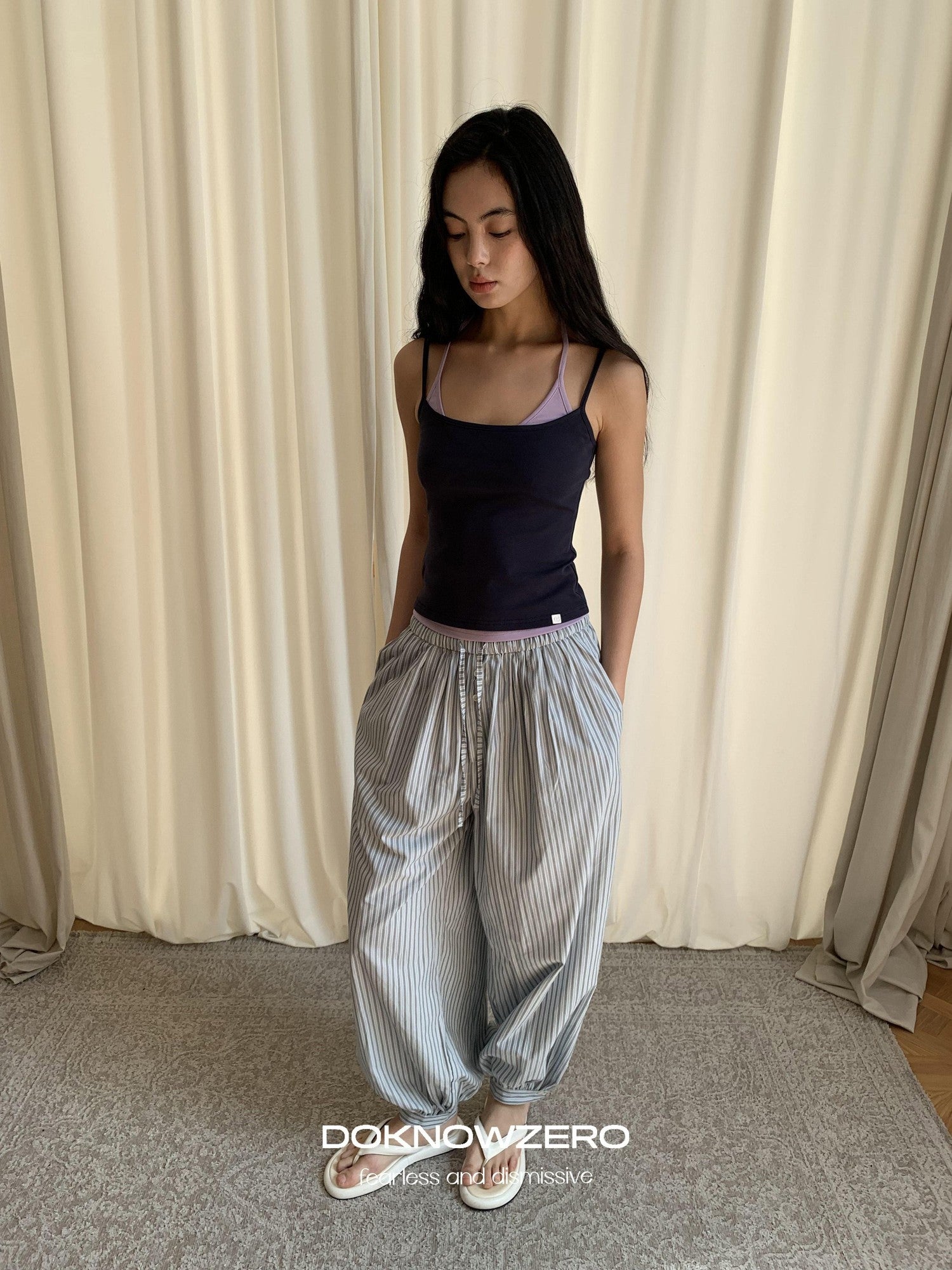 DKZ OFFICIAL Blue White Striped Relaxed Tapered Women&