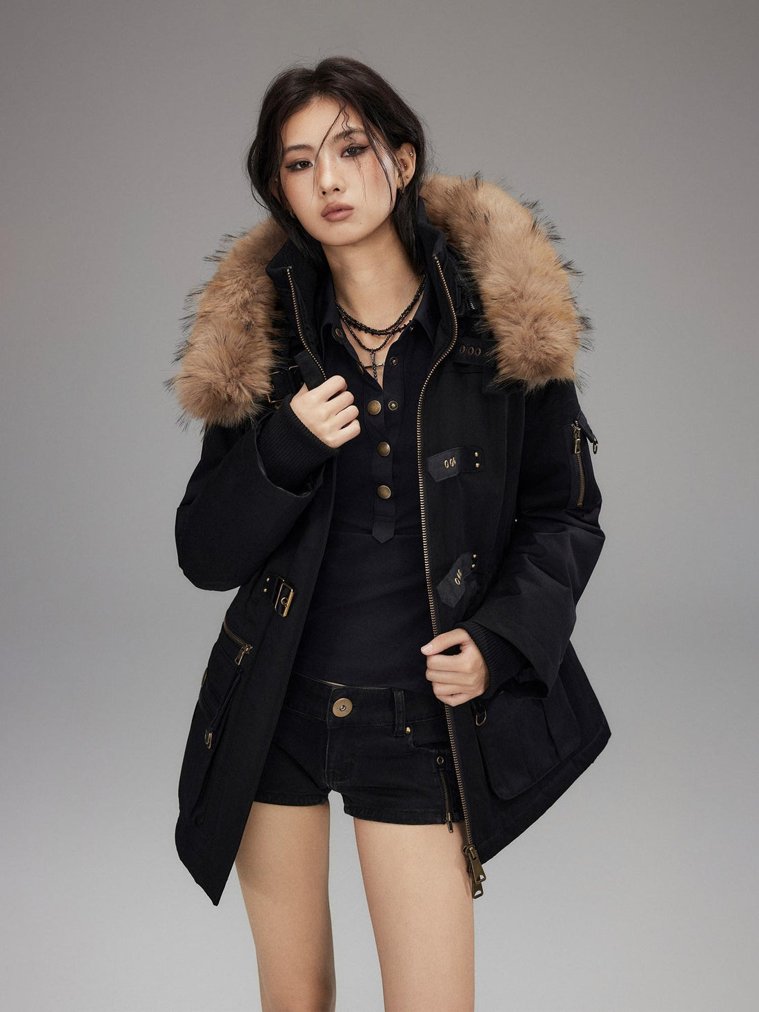Low pixel Warm Cotton Utility Cinched Waist Multi Pocket Hooded Women Black Puffer Jackets