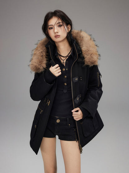Low pixel Warm Cotton Utility Cinched Waist Multi Pocket Hooded Women Black Puffer Jackets