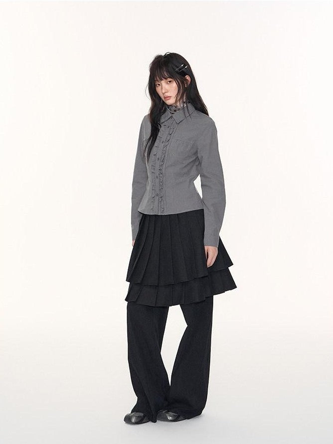 NAPSNAPS Ruffle Trim Pleated Point Collar Patch Pocket Women&