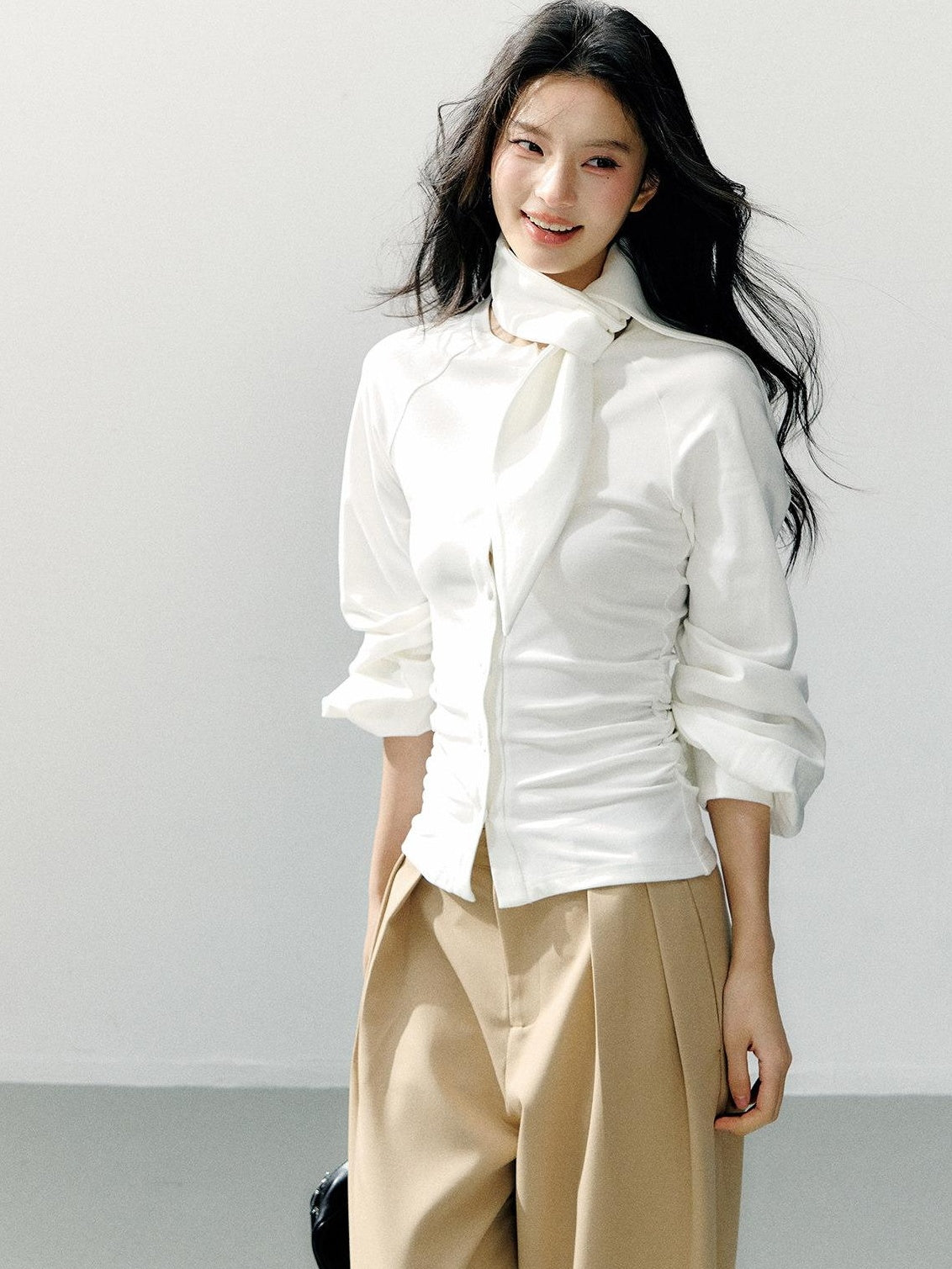 7Shiftin Cotton Bow Tie Fitted Waist Casual Cropped Long Sleeve Women White Blouses