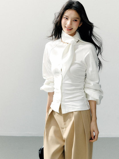 7Shiftin Cotton Bow Tie Fitted Waist Casual Cropped Long Sleeve Women White Blouses