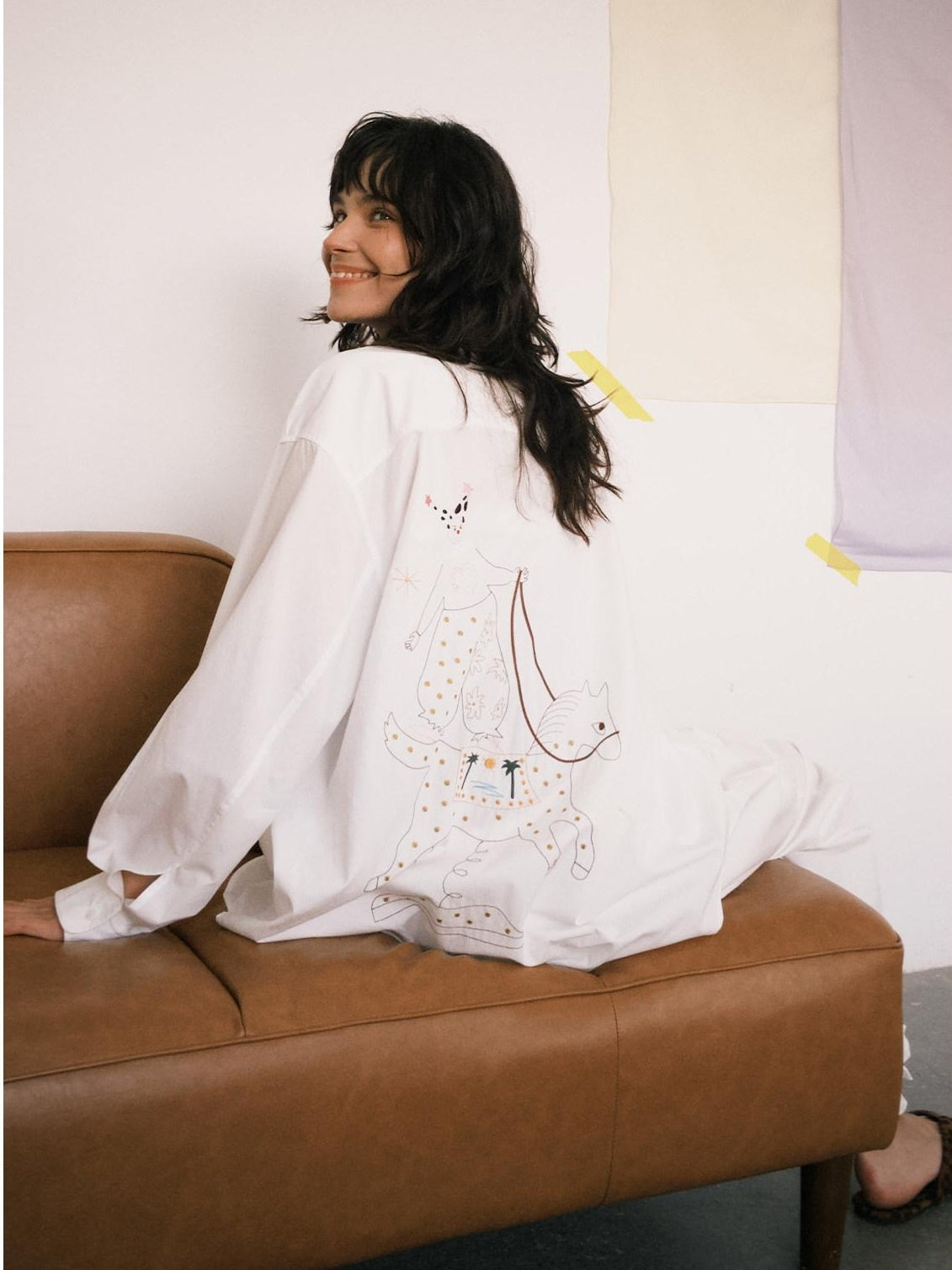 OuttheBlue Soft Lyocell Cotton Loose Mid Length Long Sleeve Embroidered Back Women Blouses
