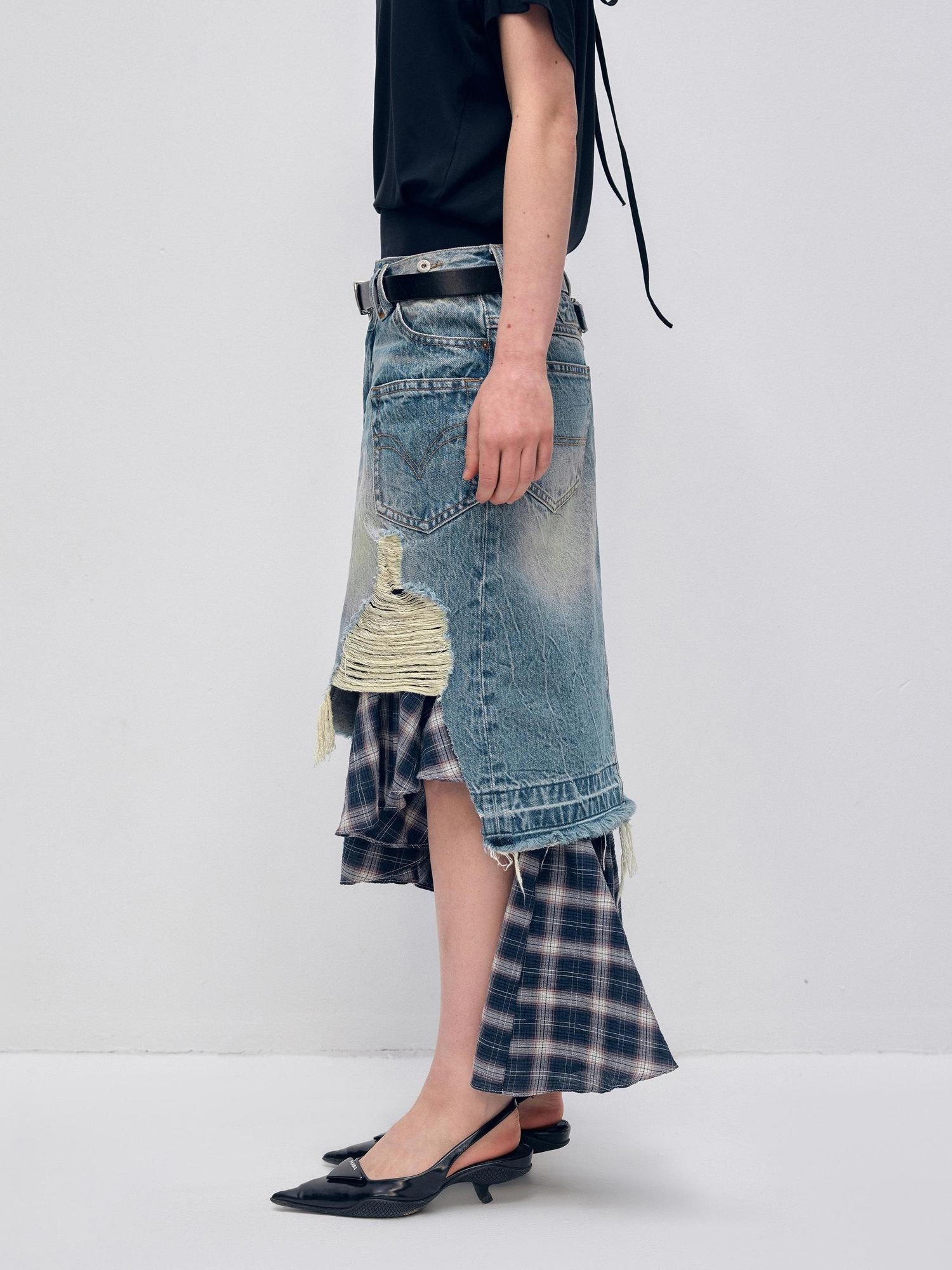 RUN TO THE FUTURE Vintage Patchwork Distressed Low Waist Slim A Line Denim Women Midi Skirts