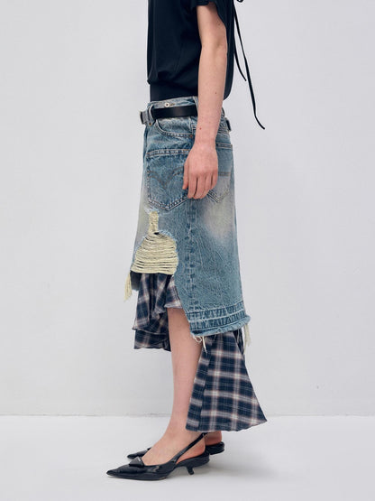 RUN TO THE FUTURE Vintage Patchwork Distressed Low Waist Slim A Line Denim Women Midi Skirts