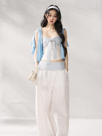 7Shiftin Polka Dot Bow Cropped Three Piece High Waist Sleeveless Women Top &amp; Pants Sets