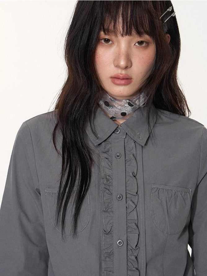 NAPSNAPS Ruffle Trim Pleated Point Collar Patch Pocket Women&