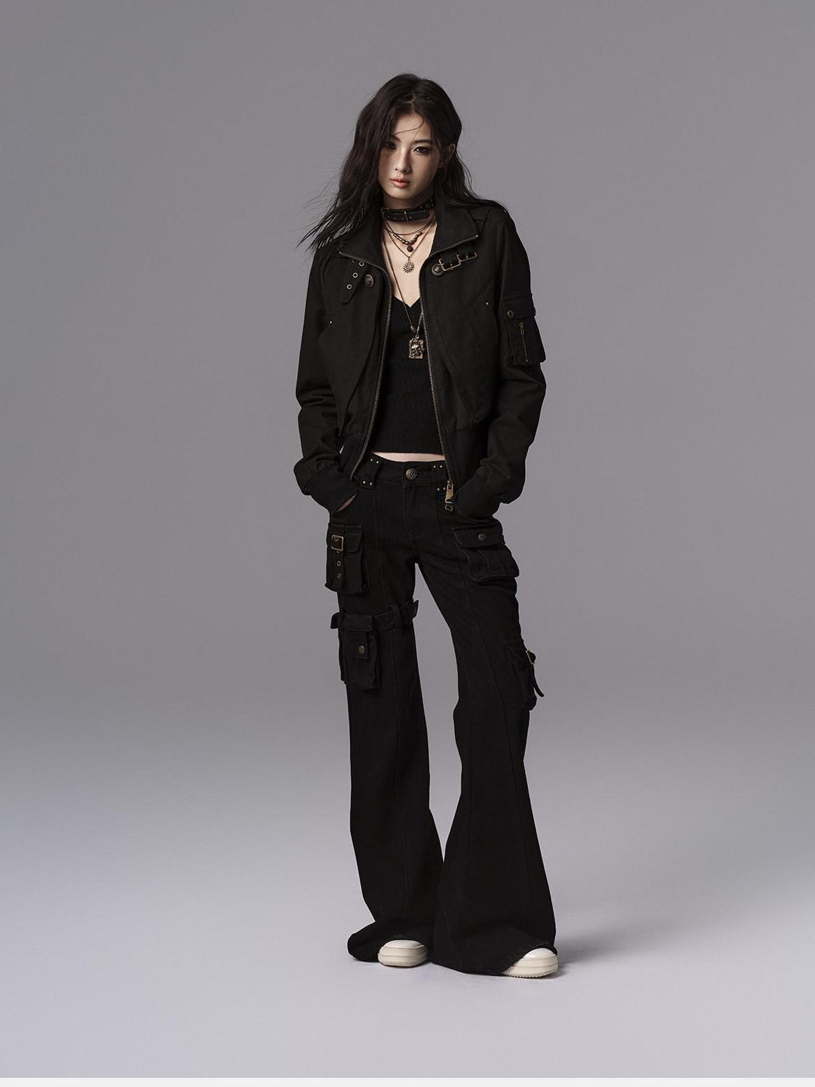 Low pixel Dark Gothic Flared Mid Rise Pocketed Cotton Zip Fly Women Black Cargo Pants