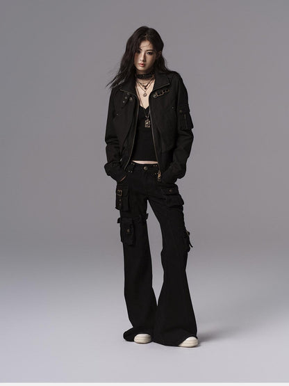 Low pixel Dark Gothic Flared Mid Rise Pocketed Cotton Zip Fly Women Black Cargo Pants
