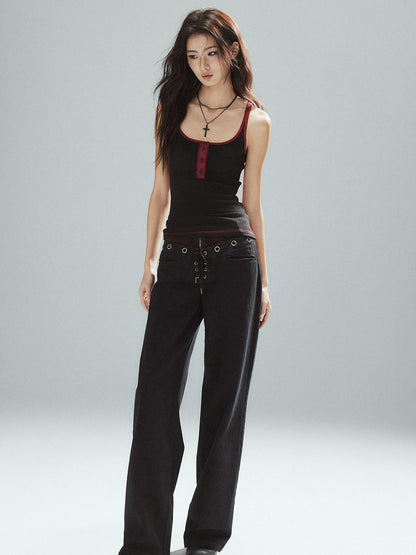 Low pixel Pure Cotton Patchwork Low Waist Street Zipper Women Colorblock Straight Pants