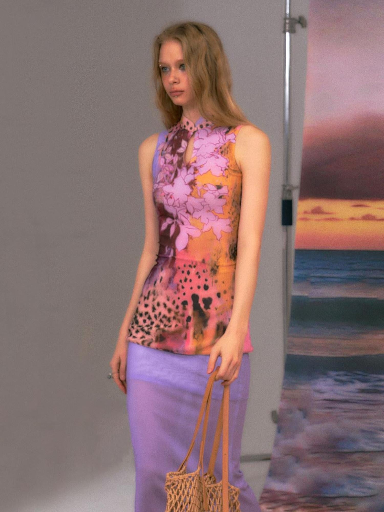 The NeverMore Colorblock High Waist Bodycon Street Sleeveless Women Purple Top &amp; Skirt Sets