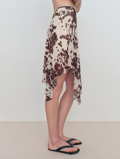 RUN TO THE FUTURE Breathable Lined Asymmetric A Line Casual Low Waist Cow Print Women Midi Skirts
