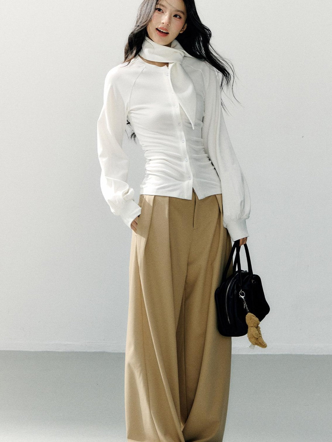 7Shiftin Cotton Bow Tie Fitted Waist Casual Cropped Long Sleeve Women White Blouses