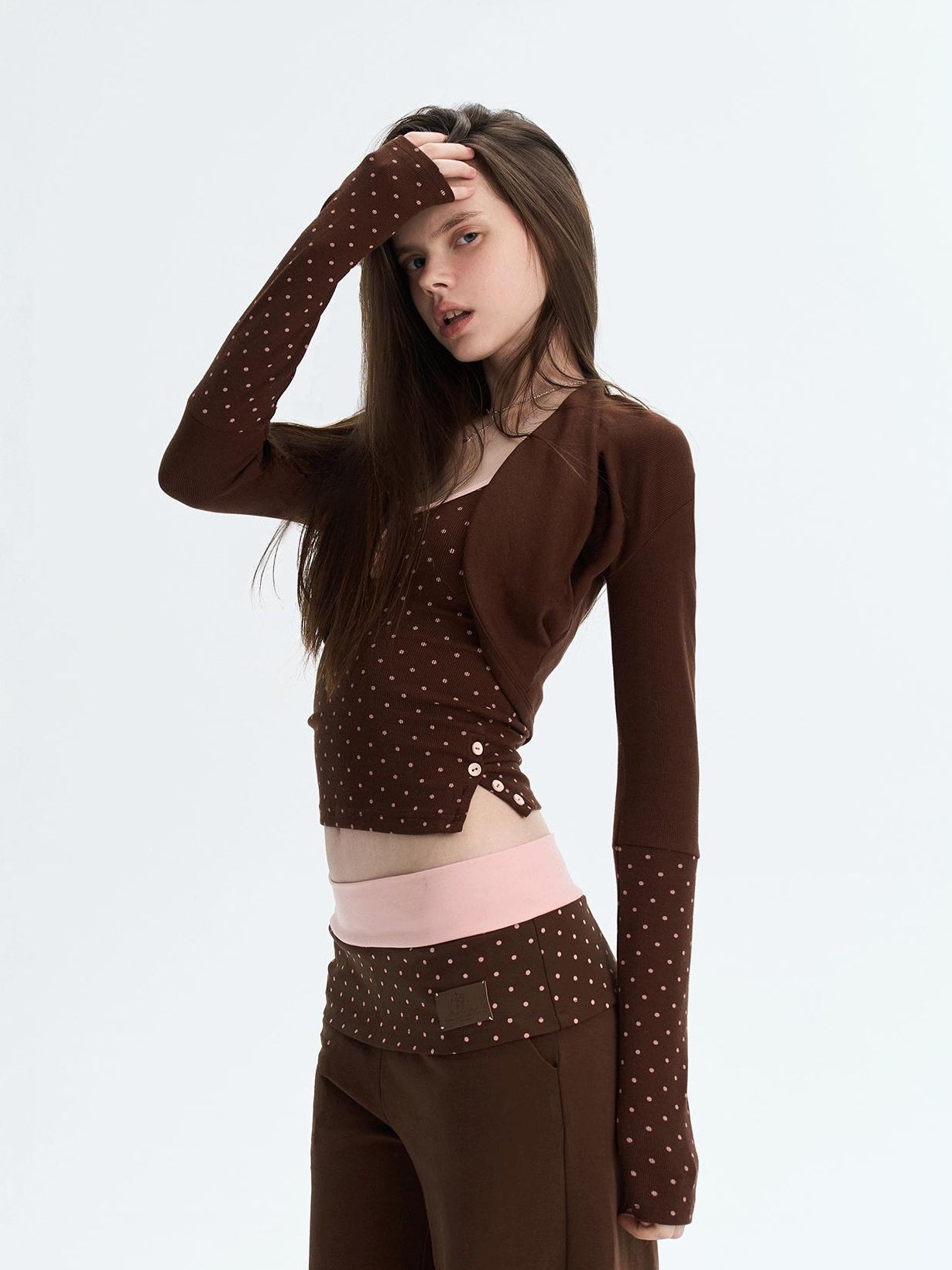 The NeverMore Polka Dot Patchwork Three Piece Long Sleeve Women Long Pants Top &amp; Pants Sets