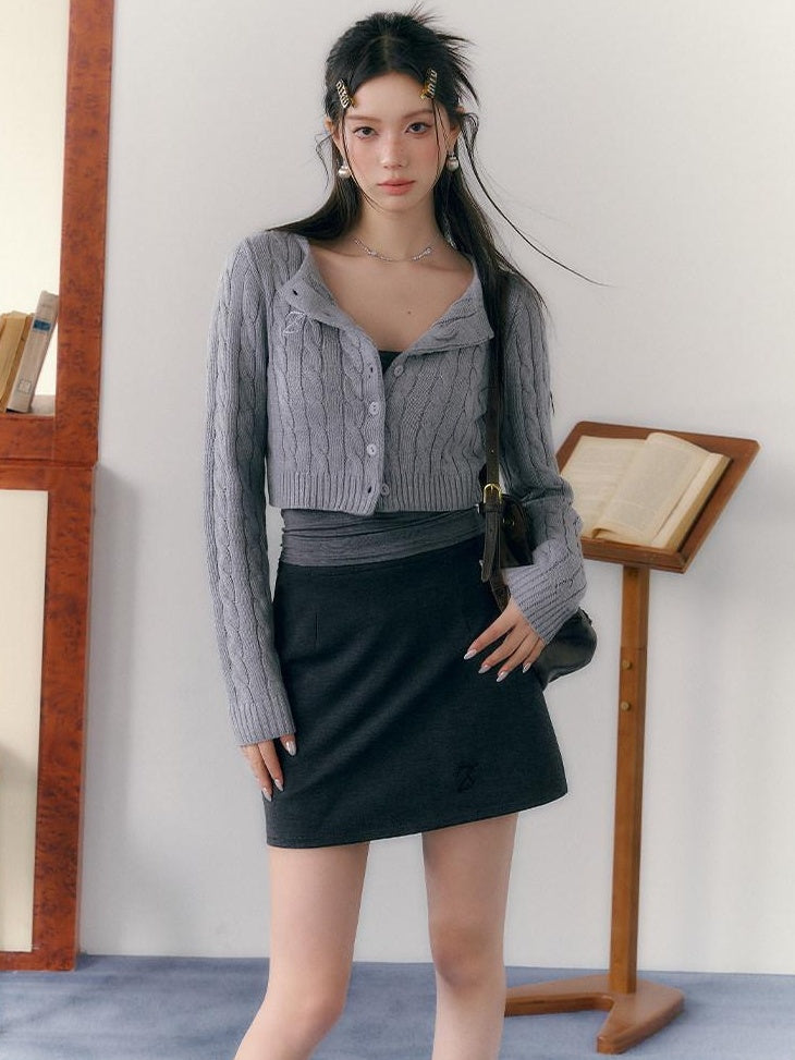 7Shiftin Button V-neck Cardigan Women Workwear Solid Grey Camisole Skirt Top &amp; Skirt Sets