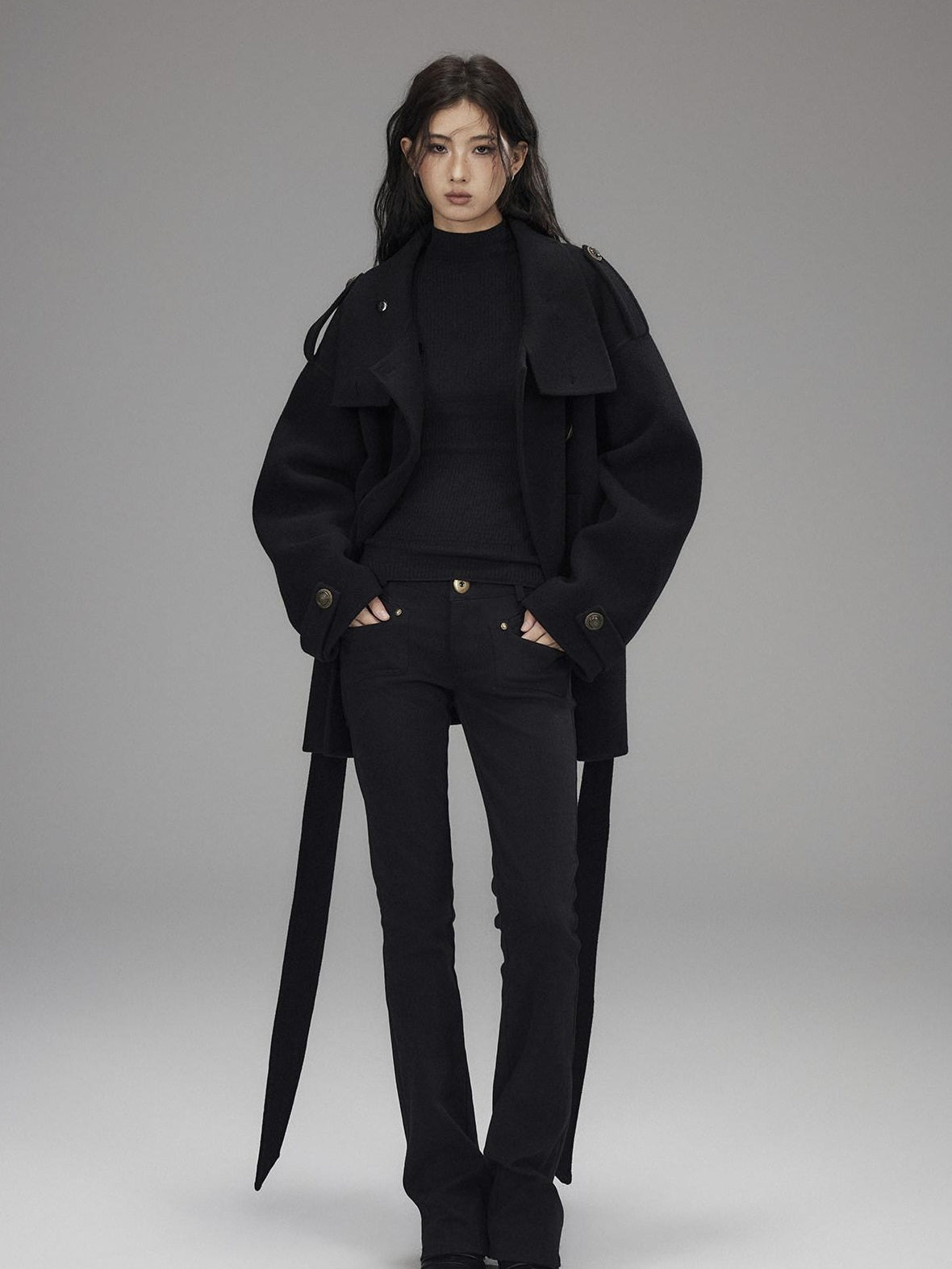 Low pixel Warm Oversized Street Midlength Notch Lapel Wool Cashmere Black Wool Coats