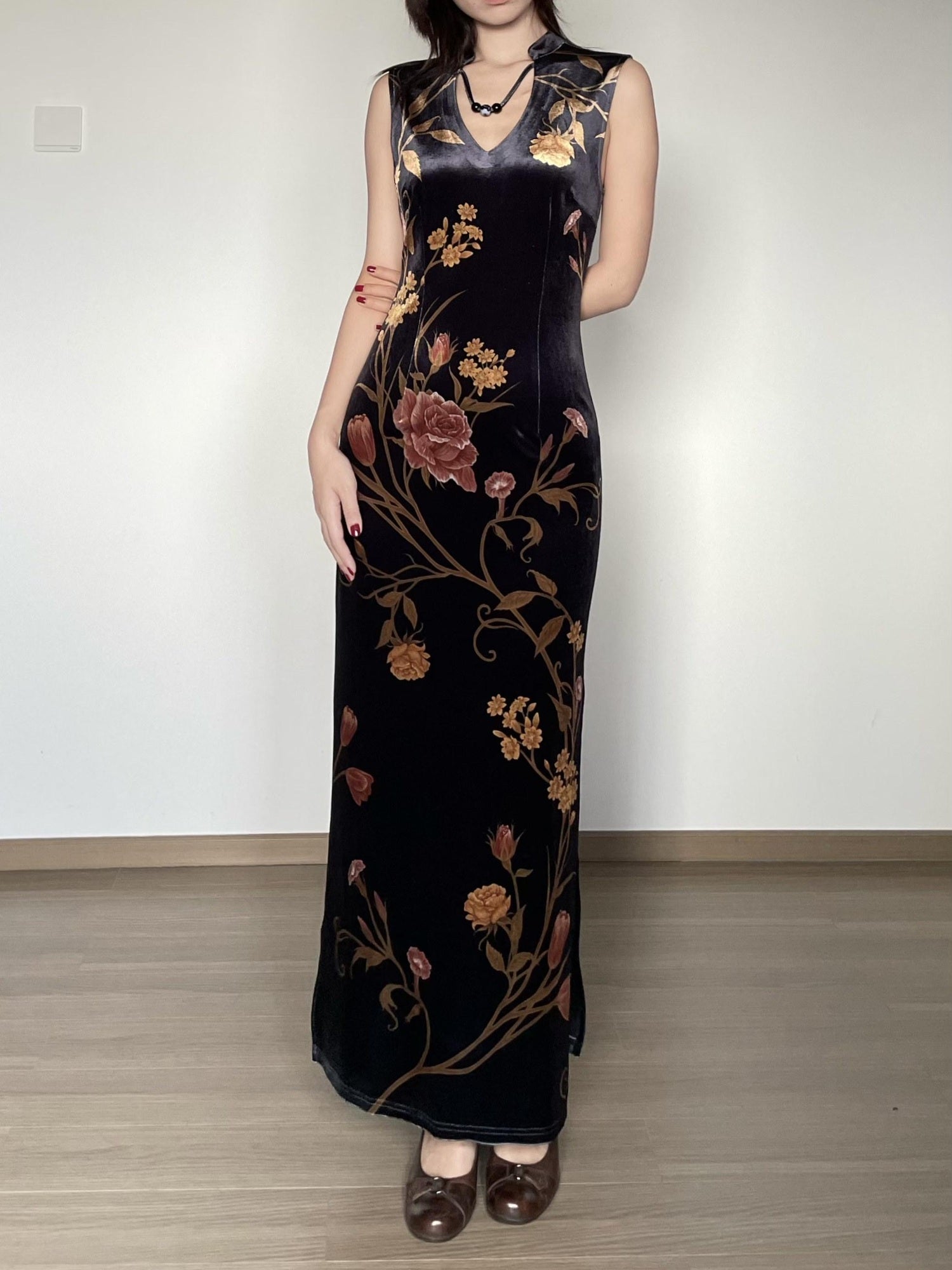 Wet Tail Breathable Floral Cheongsam Vintage Long Sleeve Everyday Casual Maxi Dresses