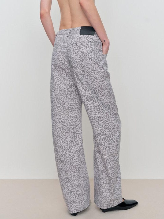 RUN TO THE FUTURE Leopard Print Asymmetric Zip Low Waist Blade Cut Women Wide-Leg Pants