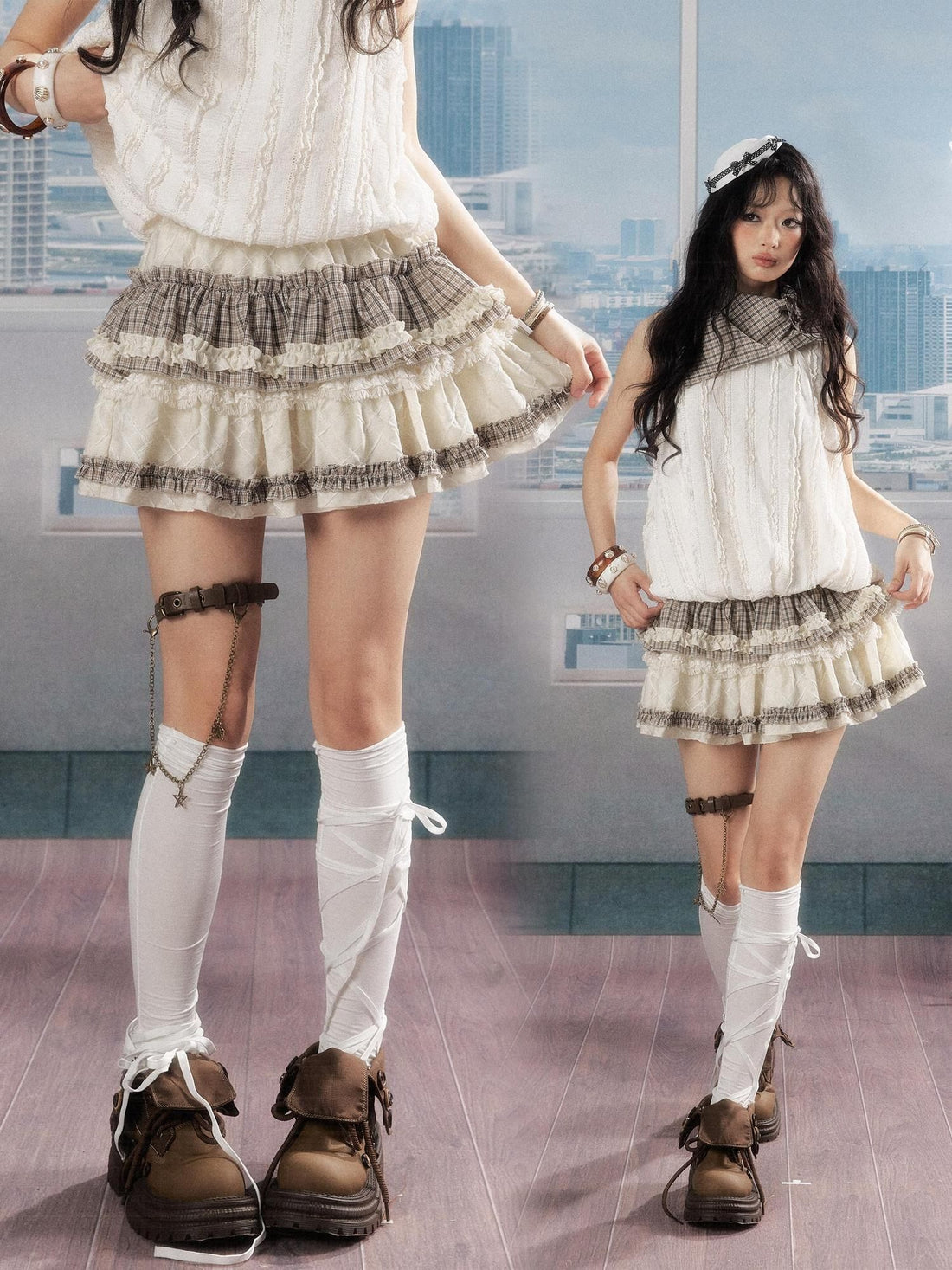 ALL iN plan Ruffle Cake Style Flared Mid Waist Women Cotton Blend Cream Tiered Skirts