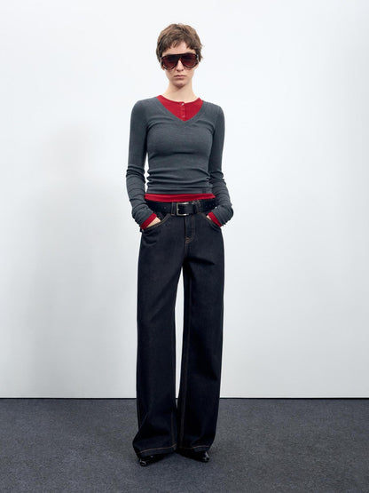 RUN TO THE FUTURE Casual Relaxed Dark Wash Cotton Natural Waist Zip Fly Denim Straight Jeans