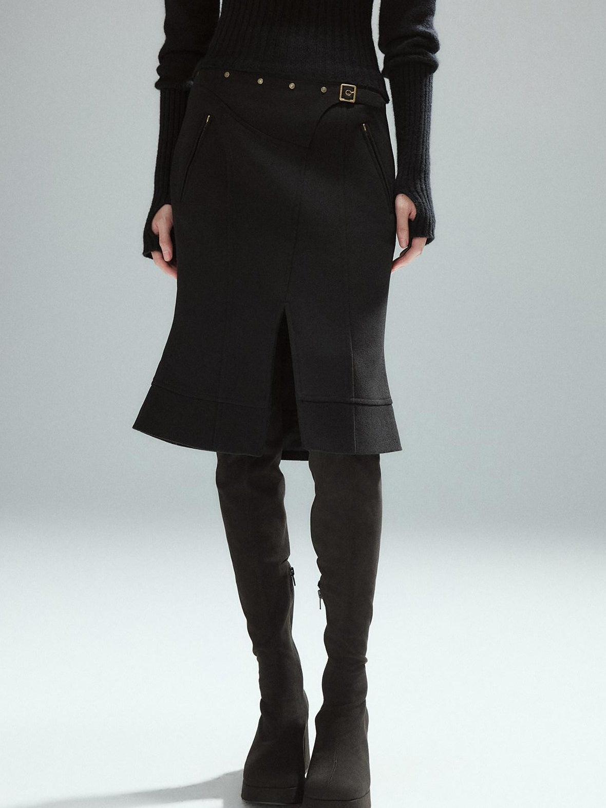 Low pixel Wool Blend Lined Patchwork Hline Slim Low Waist Black Side Zip Midi Skirts