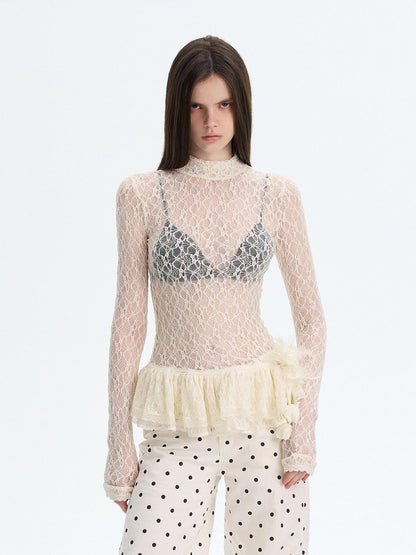 The NeverMore High Stretch Nylon Lace Vintage Slim Layered For Women Long Sleeve Crop Tops