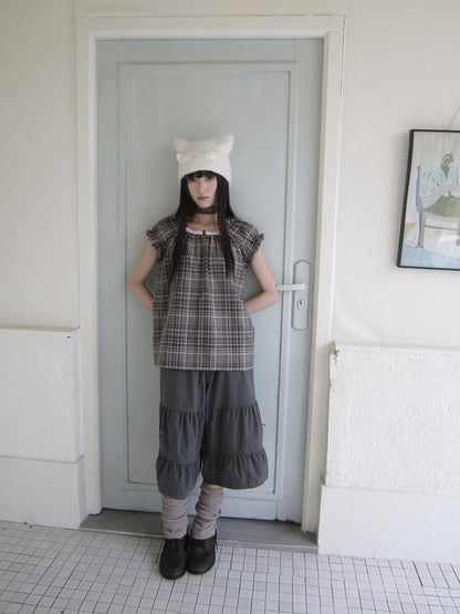 ang project Brown Plaid Patchwork Lace Trim Puff Sleeve Women&