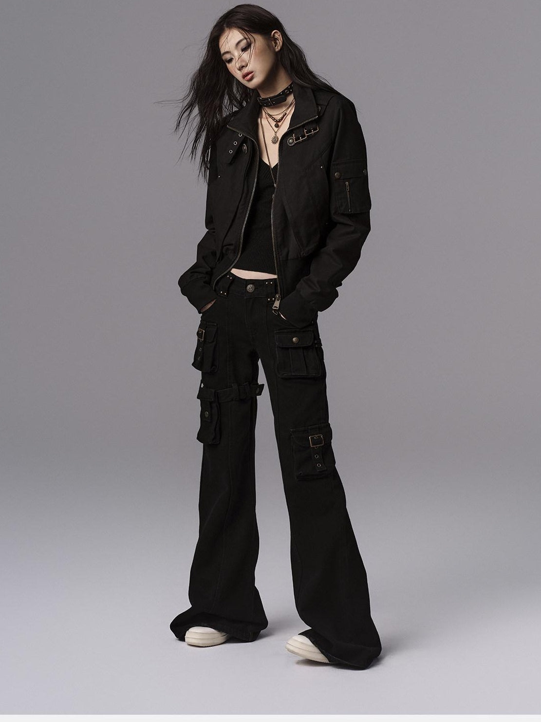 Low pixel Dark Gothic Flared Mid Rise Pocketed Cotton Zip Fly Women Black Cargo Pants