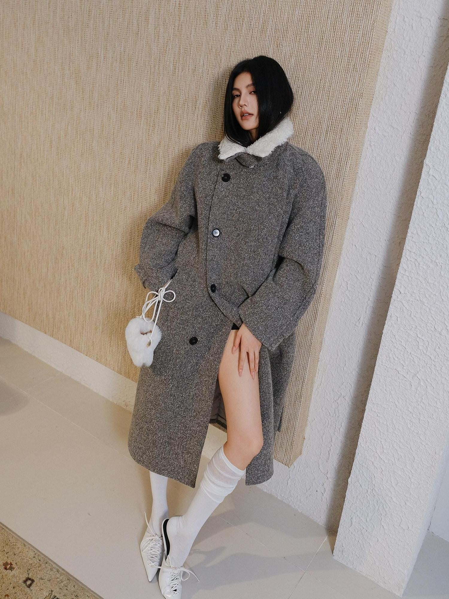 FU FRESH UP Minimalist Detachable Fur Collar Button Tie Women&